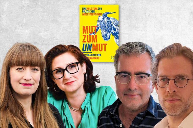 Die Autoren Starzmann und Meisner mit ihren Gäst*innen vor dem Hintergrund ihres Buchcovers.