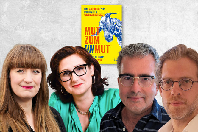 Die Autoren Starzmann und Meisner mit ihren Gäst*innen vor dem Hintergrund ihres Buchcovers.