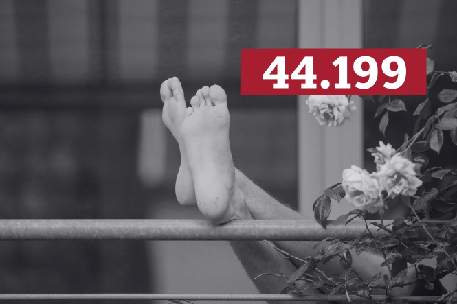 Schwarz-weiß Nahaufnahme von einem Balkon. In der Mitte sind ein Paar Füße zu sehen, die entspannt auf dem Balkongeländer liegen.