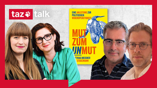 Die Autoren Starzmann und Meisner mit ihren Gäst*innen vor dem Hintergrund ihres Buchcovers.