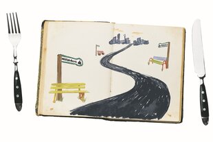 Ein aufgeschlagenes Buch, auf den Zeitungsseiten ist eine Zeichnung zu sehen, rechts und links neben dem buch liegen Maesser und Gabel