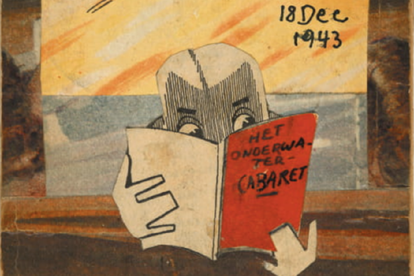 Ein gezeichnetes Gesicht lugt hinter einem Buch hervor