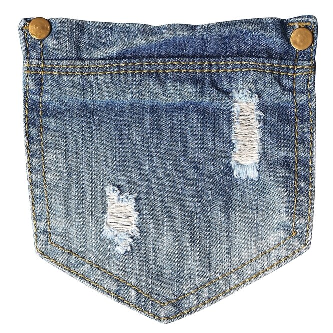 Eine zerschlissene Tasche einer Jeanshose