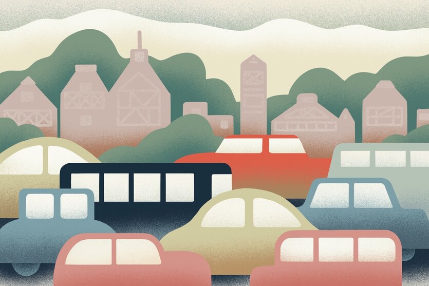 Illustration einer Stadtansicht, man sieht Häuser und Autos