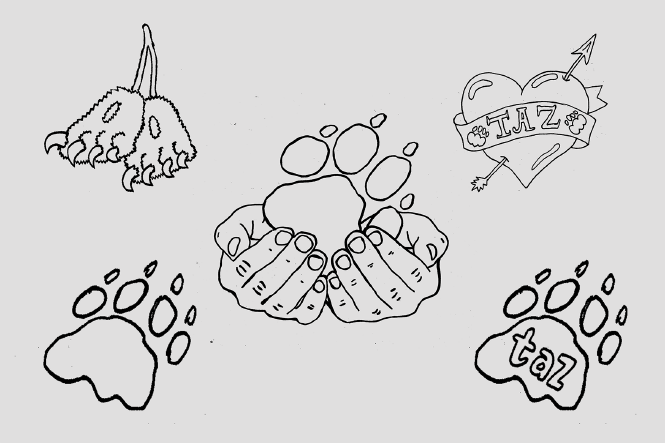 Eine Abbildung der einfacheren Motive von Julia Molin; gezeichneten taz-Logos und ein taz-Logo getragen in den Händen