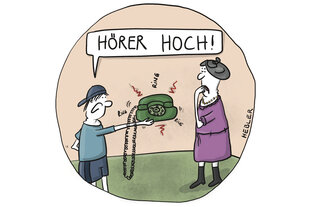 Bunter Cartoon: Ein junger Mensch bedroht eine alte Dame mit einem alten Festnetztelfon und ruft: Hörer hoch!