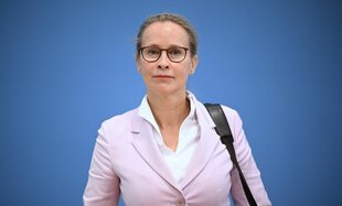 Frauke Brosius-Gersdorf vor der blauen Wand der Bundespressekonferenz