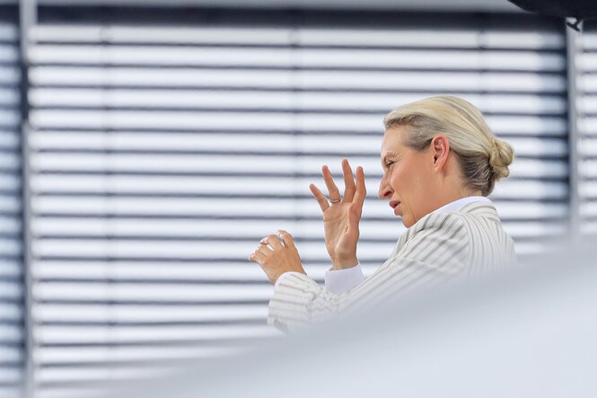 Alice Weidel in weiß beim Sommerinterview, die Hände wedelned und das Gesicht verkrampft