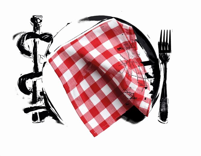 Illustration eines Tellers, auf dem eine karrierte Serviette liegt, links und rechts liegen eine gabel und statt eines Messers ein Äskulap-Stab