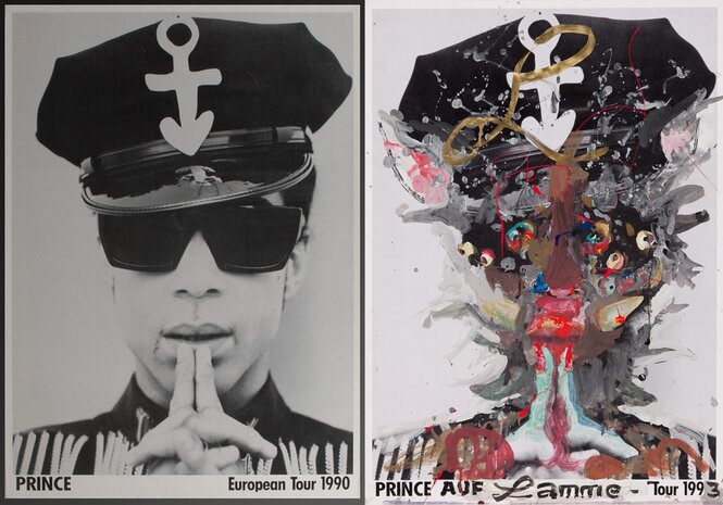 Links der Popmusiker Prince im Porträt, uns ansehend, auf einem Tourneeplakat von 1990. Rechts Horst Janssens Übermalung.