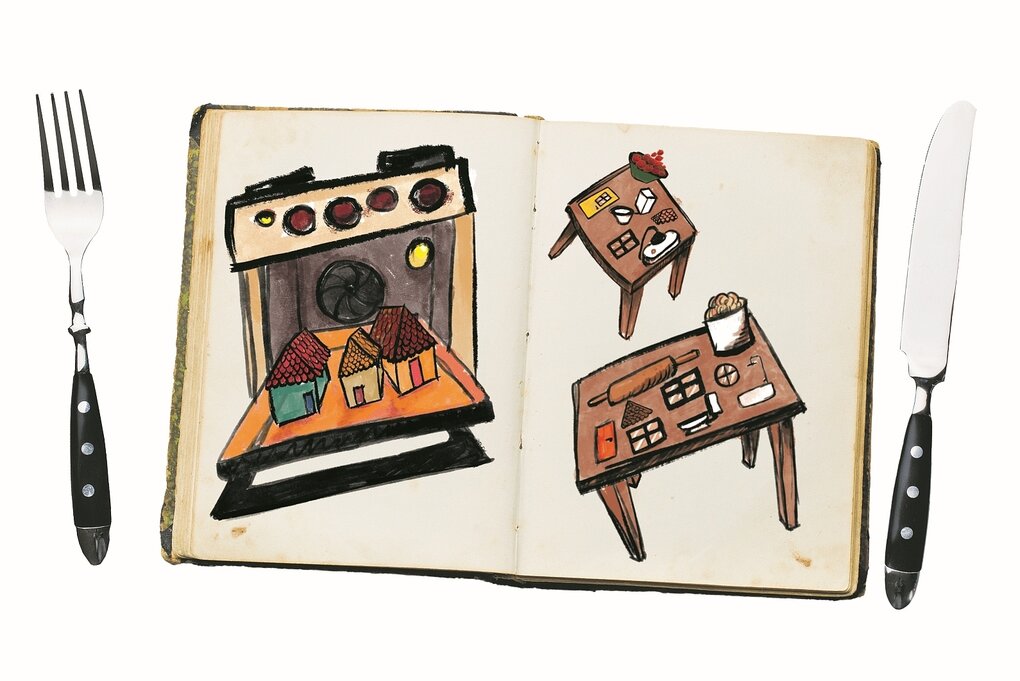 Ein Kochbuch, links und rechts sind Messer und Gabel, auf den leeren Seiten ist eine Illustration zu sehen