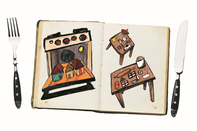 Ein Kochbuch, links und rechts sind Messer und Gabel, auf den leeren Seiten ist eine Illustration zu sehen