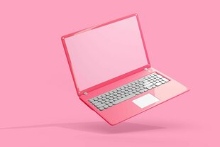 Ein pinkfarbenes Labtop vor pinkfarbenem Hintergrund