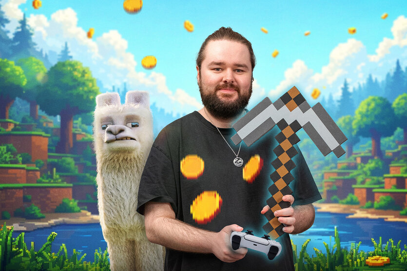 Clym steht vor einer Kulisse mit Schaf, utopischer Landschaft vor einem See mit Bäumchen auf Terrassen und er hält einen Controller in der Hand