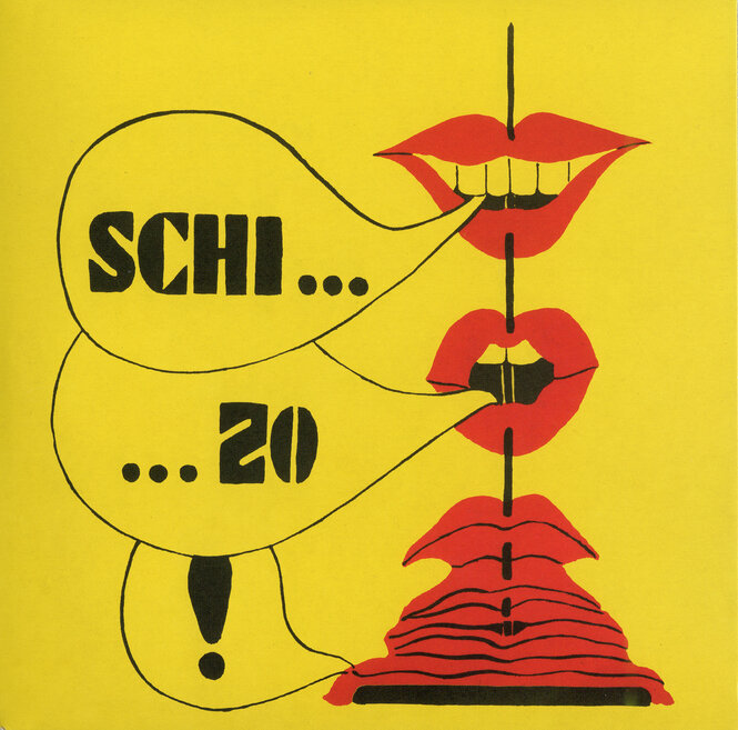 Ein gelbes Quadrat mit Zeichnungen roten Lippen und der schwwarzen Schrift "Schizo!"