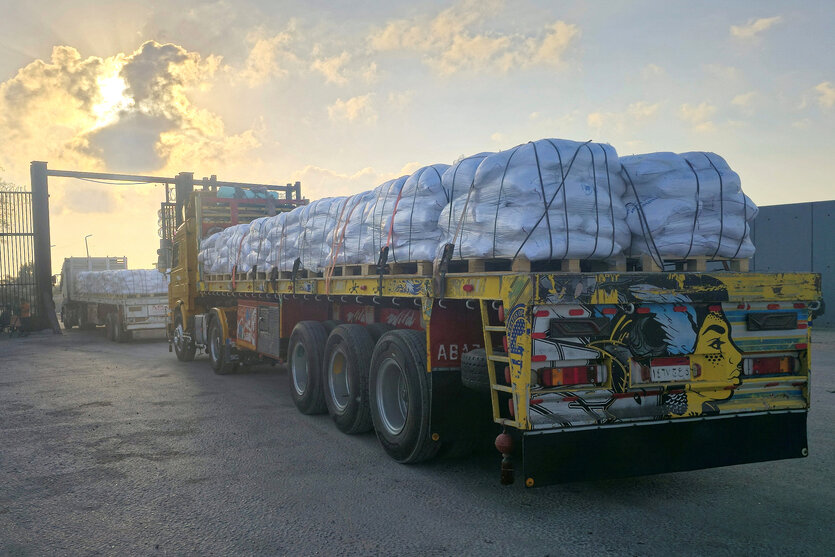 Lastwagen mit humanitärer Hilfe stehen in der Nähe des Grenzübergangs Rafah zwischen Ägypten und dem Gazastreifen