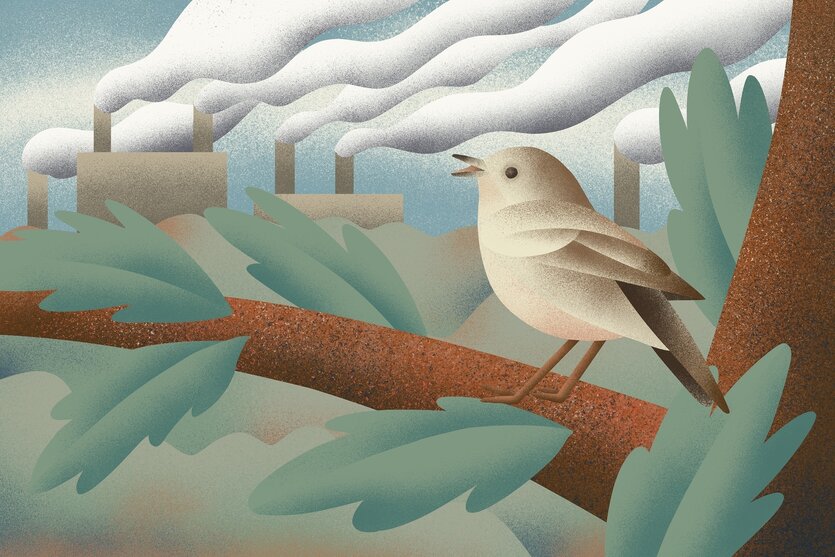 Illustration mit einem Vogel auf einem Baum vor Industrielandschaft