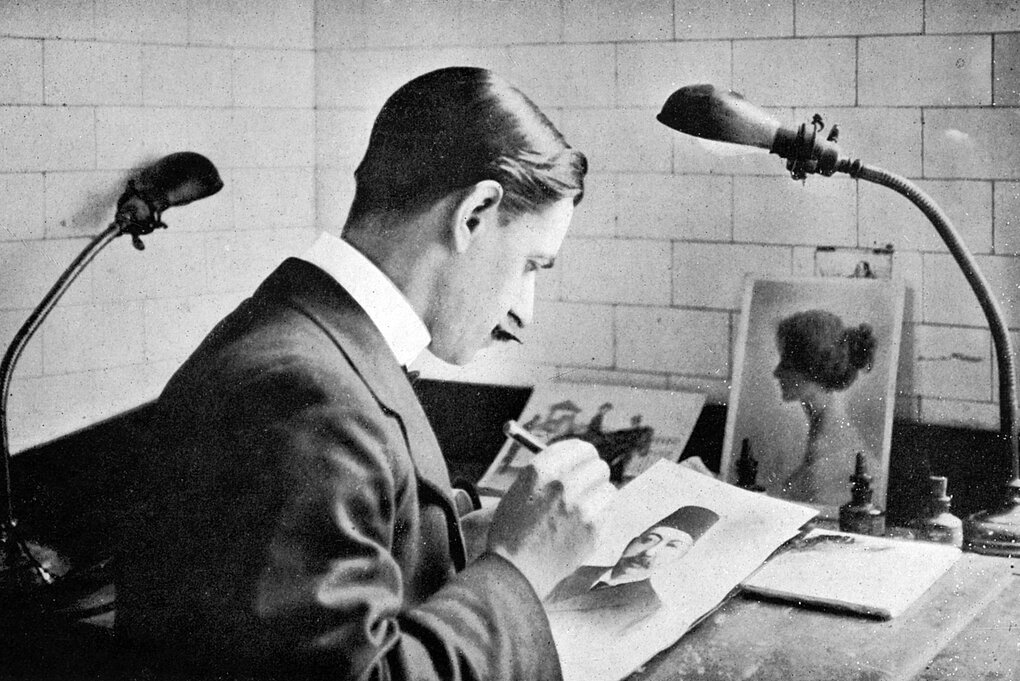 Historisches Schwarz-Weiss-Foto von einem Mann, der ein Foto retuschiert