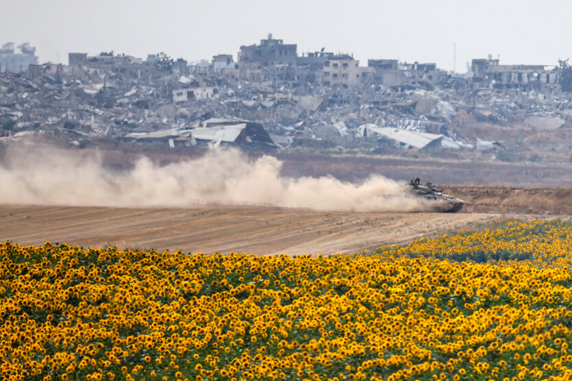 Sonnenblumen im Vordergrund, im Hintergrund ein Panzer und zerstörte Häuser