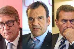 Collage von Köpfen des Gröner-Imperiums (von links): Ronald Pofalla (CDU), Christoph Gröner (CDU-Spender) und Günther Oettinger (CDU).