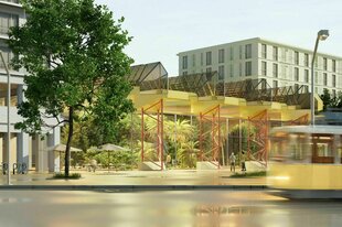 Ein Illustration, ein Blick in die Zukunft: So stellen sich die Münchner Architekten den Wohnungsneubau mit Teilen des SEZ vor, man sieht neue Hochhäuser und sanierte Teile des SEZ, die erhalten bleiben sollen