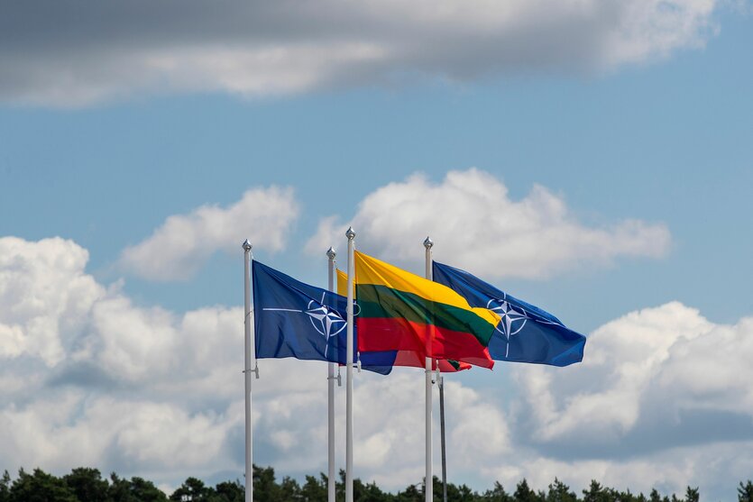 Flaggen der Nato-Mitgliedsländer wehen im Wind