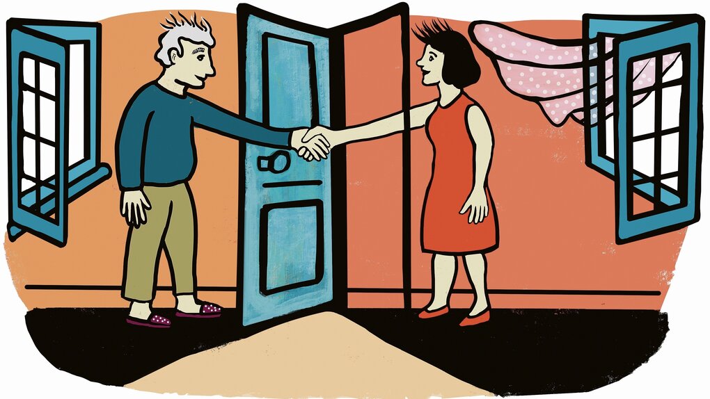 Illustration von einem Mann und einer Frau, die an ihren geöffnete Wohnungstüren stehen und sich die Hände reichen. man sieht auch geöffnete Fenster und wehende Gardinen