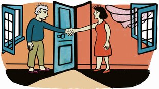Illustration von einem Mann und einer Frau, die an ihren geöffnete Wohnungstüren stehen und sich die Hände reichen. man sieht auch geöffnete Fenster und wehende Gardinen