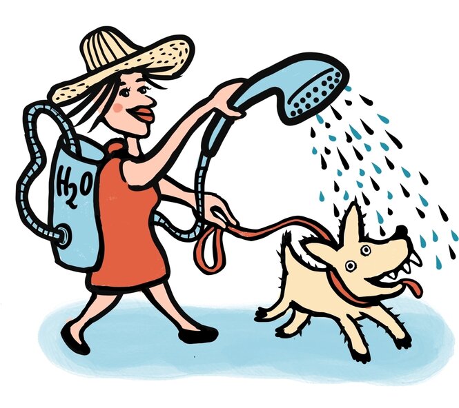 Illustration einer Frau mit großem Sonnenhut, die ihren hund mit einer Dusche kühlt