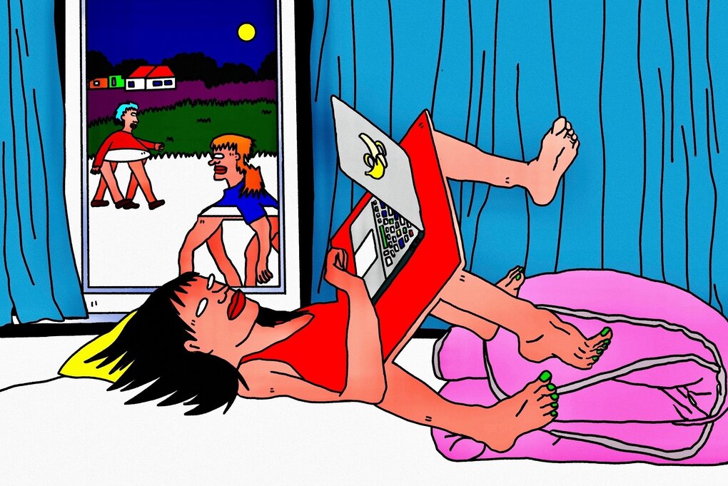 Illustration einer Frau mit laptop und Tisch-Beinen