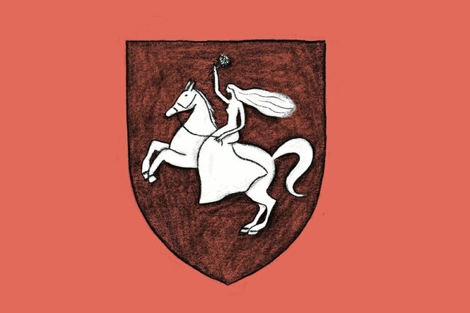 Ein Wappen mit einer Frau auf einem Pferd
