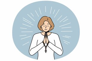 Illustration einer jungen Frau, die betet, an ihren Handgelenken ist ein Rosenkranz