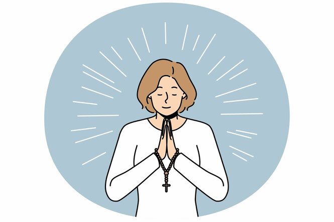 Illustration einer jungen Frau, die betet, an ihren Handgelenken ist ein Rosenkranz