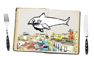 Illustration eines Kochbuches mit schwimmendem Hai vor Stadtszene