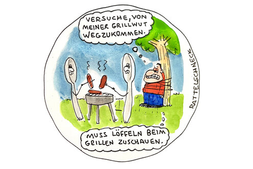 Cartoon bunt von Rattelschneck: Ein Mann gefesselt am Baum beobachtet zwei Löffel, die beim Grillen sind. Er sagt: Versuche, von meiner Grillwut wegzukommen