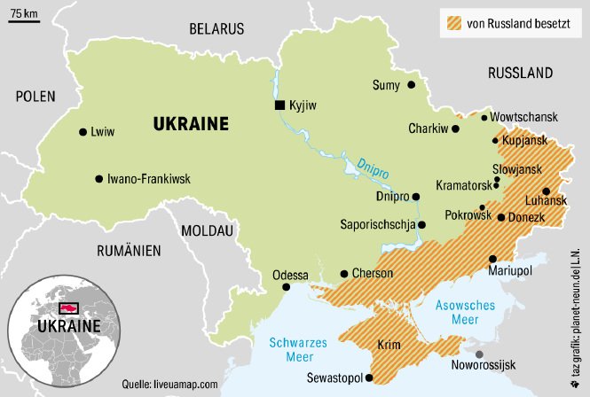 Eine Karte der Ukraine mit Kennzeichnung der von Russland besetzten Gebieten