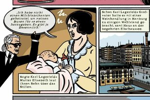 Eine Comic-Zeichnung zeigt eine Frau mit einem Säugling auf dem Arm