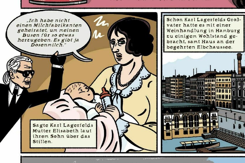 Eine Comic-Zeichnung zeigt eine Frau mit einem Säugling auf dem Arm