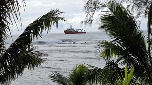 Ein Forschungsschiff liegt vor einer mit Palmen bewachsenen Küste auf dem Meer