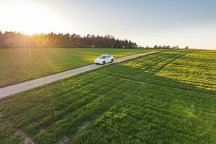 ein weißes Auto fährt auf einer Landstrasse an einer grünen Wiese - die Sonne scheint und bricht sich an einer Baumreihe im Hintergrund
