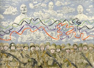 Malerei, deren untere Hälfte eine große Schar Soldat:innen in Camouflage-Anzug bildet