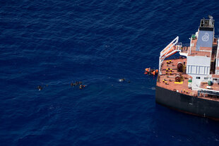 Menschen schwimmen im Meer während einer Bergungsaktion durch ein Frachtschiff im zentralen Mittelmeer zwischen Libyen und Tunesien.