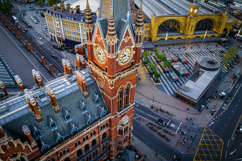 Blick von oben auf St. Pancras und Kings Cross