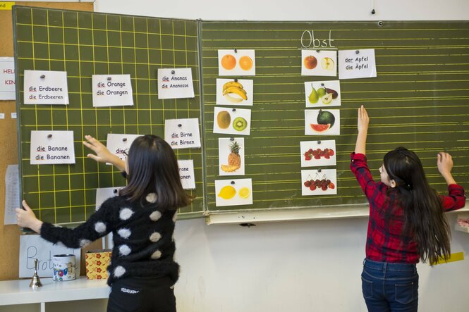 Kinder vor einer Tafel in einem Klassenzimmer mit Lehrenden