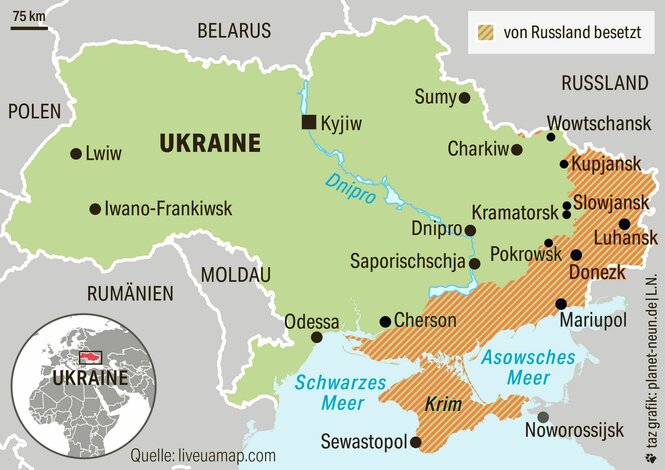 Eine aktuelle Karte der Ukraine, die die besetzten Gebiete im Osten des Landes zeigt