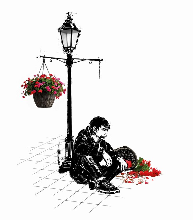 Eine Zeichnung zeigt eine Person, die an einem Laternenpfahl sitz an dem ein Blumenkübel hängt. Ein weiterer Kübel liegt zerbrochen auf dem Boden