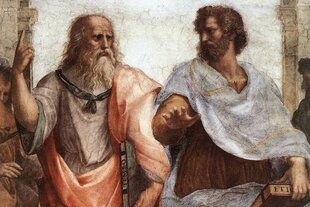 Die berühmte Malerei Raffaels aus der griechisch-antiken Philosophenschule. Links der Staatstheoretiker und Philosoph Platon mit erhobenem Zeigefinger, rechts der Philosoph Aristoteles der eine beschwichtigende Handgeste ausführt.