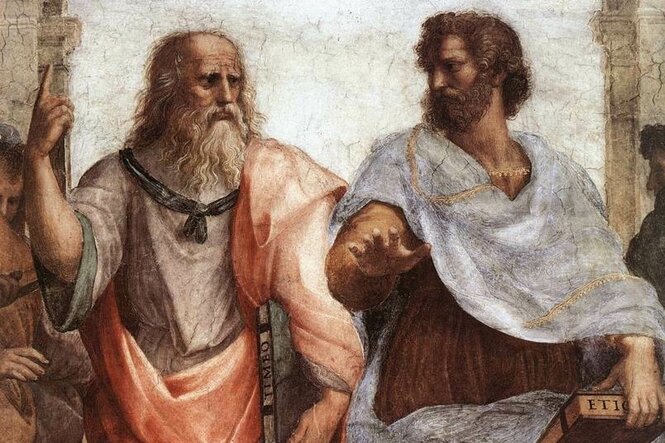 Die berühmte Malerei Raffaels aus der griechisch-antiken Philosophenschule. Links der Staatstheoretiker und Philosoph Platon mit erhobenem Zeigefinger, rechts der Philosoph Aristoteles der eine beschwichtigende Handgeste ausführt.