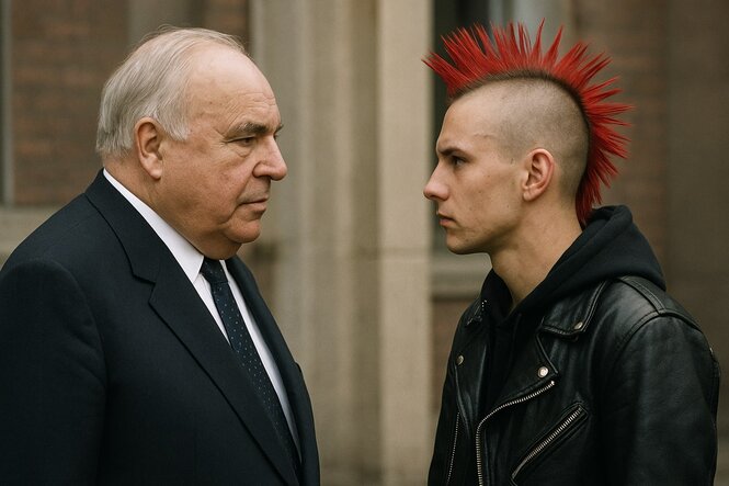 Ein KI-generiertes Foto-realistisches Bild von Ex-Bundeskanzler Helmut Kohl (links) und einem stereotypisierten Punk (rechts). Die beiden schauen sich an.
