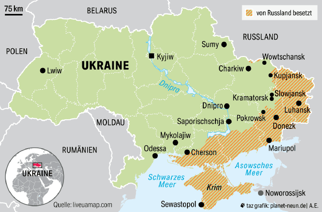 Karte der Ukraine mit dem Frontverlauf und den von Russland besetzten Gebieten im Osten des Landes